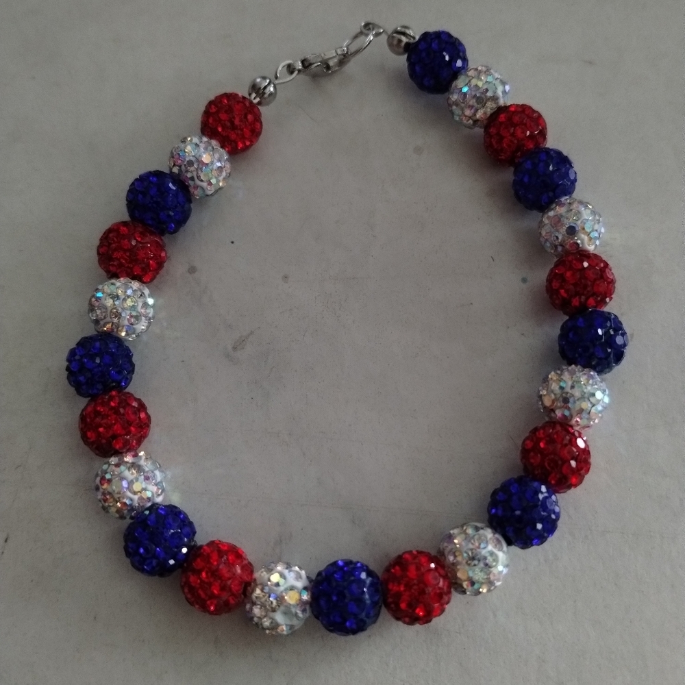 Handmade Red, White & Blue Rhinestone Beaded Bracelet